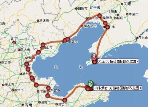 煙臺(tái)-大連陸路示意圖。
